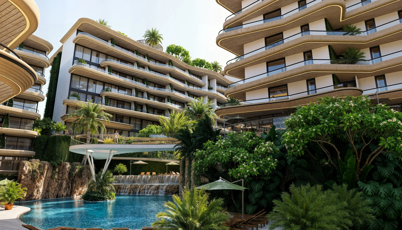 Dandara architectural rendering: curved balconies, tropical gardens and courtyard pool by day