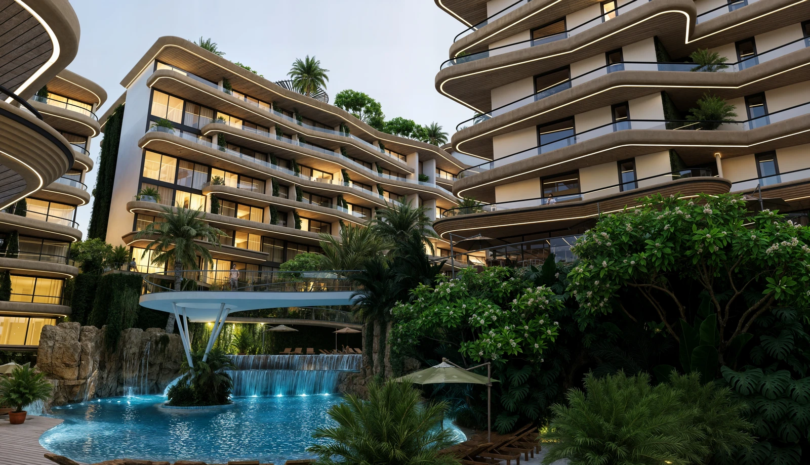 Dandara architectural rendering of the same courtyard illuminated in the evening